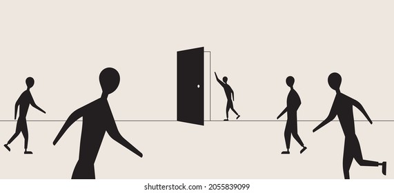 La gente corre a la puerta abierta. Encontrando solución, buscando nuevas formas. Ilustración del vector, EPS 10