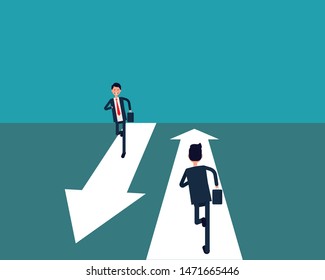 People running in the opposite direction. Vector illustration business contrasts concept, Crossing, Strategy, Growth, Happy flat cartoon style design.