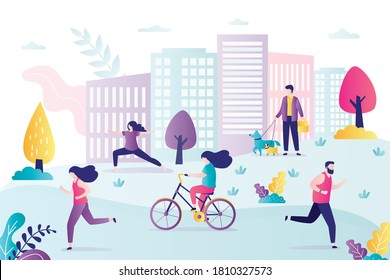 People running outdoor. Female character rides bicycle. Woman practice yoga outdoors. Handsome man walking dogs in park. City view on background. Concept of healthy lifestyle. Flat vector illustration