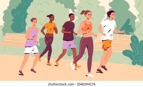 People running outdoors. Group of young men and women jogging