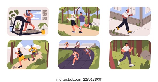 People running in park, city, nature in morning. Men, women, couple jogging outdoor and on treadmill. Runners set. Joggers during cardio workout, training, exercising. Flat vector illustrations