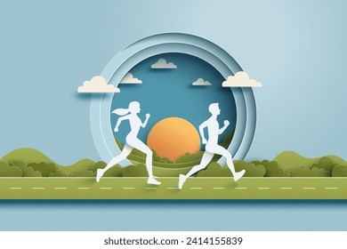 People Running In The Park. Running for health in nature landscape.Marathon or Trail running sport activity. Paper art vector illustration.