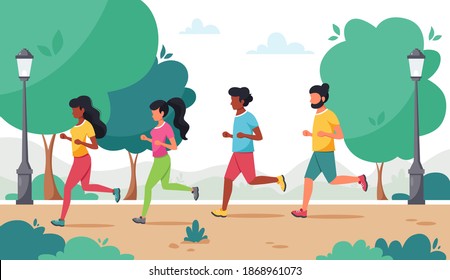 People running in the park. Healthy lifestyle, sport, exercises, outdoor activity concept. Vector illustration