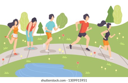 People Running in Park, Young Men and Women Doing Physical Activities Outdoors, Healthy Lifestyle and Fitness Vector Illustration