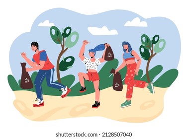 Gente corriendo y trotando, recogiendo basura. Evento de limpieza de flagelación y voluntariado, ilustración vectorial plana aislada en fondo blanco.