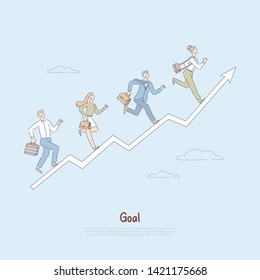 People running up progress arrow, journey towards achieving success, teamwork in workplace, self-improvement metaphor banner