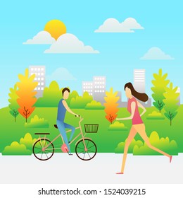 People running and riding a bicycle in park in the city with the clearly sky, vector, illustration.