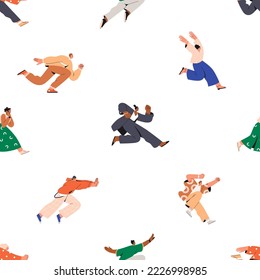 People running, seamless pattern. Endless background with characters inmotion, rushing, hurrying. Active excited men, women at fast speed, repeating print design. Colored flat vector illustration