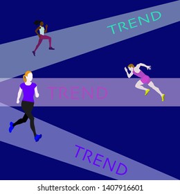 people running and searching or follow the trends. Sportive man and woman try to catch up trends. colorful text. different ethnicities. vector illustration on deep blue background.