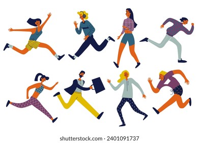 People running set in flat character design for web. Bundle persons of different women and men run fast, hurrying and rushing forward, jogging and doing training for marathon. Vector illustration.