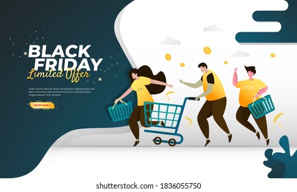 People running to shop for Black Friday events on illustration concept