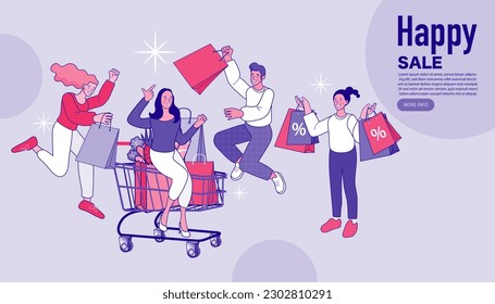People running with shopping bags. Concept of big sale. Man and woman characters on discount event for banner, ads, promotion flyer. black friday. special offer. Vector outline illustration.