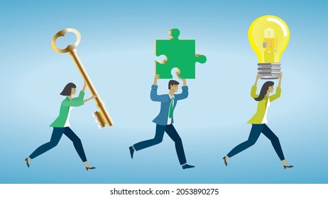 People running with solution and ideas. Vector illustration. Dimension 16:9. The figures is easy to pic from background if you like (separat layers).