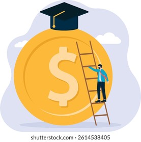 people running up the stairs made of rolled money towards the graduation cap metaphor of the high cost of education

