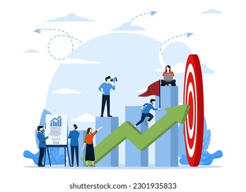 people running to their goal in column, increase motivation, teamwork to achieve target or business goal, path to achieve target, Vector flat illustration on white background.