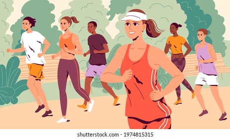 People running through the park. A group of young men and women jogging outdoors