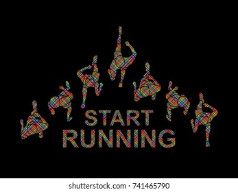 People running top view with text designed using colorful pixels graphic vector