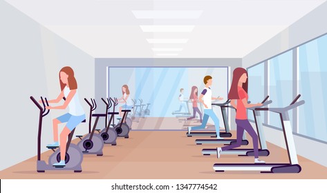 people running treadmill and riding stationary bicycle spinning sport activities healthy lifestyle concept men women group working out modern gym interior full length horizontal