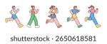 People running in various styles. Flat line vector illustration.