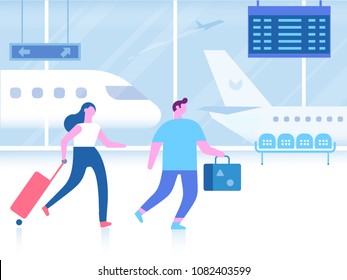 People rush to the plane. Man and woman in airport terminal with luggage. Travel Concept. Flat Vector Illustration.