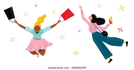 People rush shopping on Black Friday. Vector illustration flat people on shopping. Sale and 
coupons.