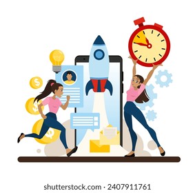 La gente se apresura a lanzar un cohete como un rápido desarrollo de negocios. Rápido desarrollo de negocios y un inicio exitoso. Ilustración vectorial en estilo de caricatura