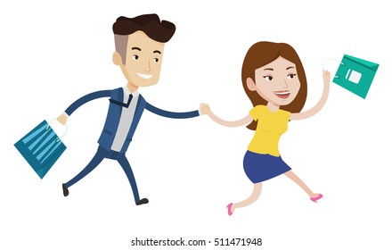 People rushing on sale to the shop. Cheerful woman and man running in hurry to store on sale. Young caucasian customers rushing on sale. Vector flat design illustration isolated on white background.