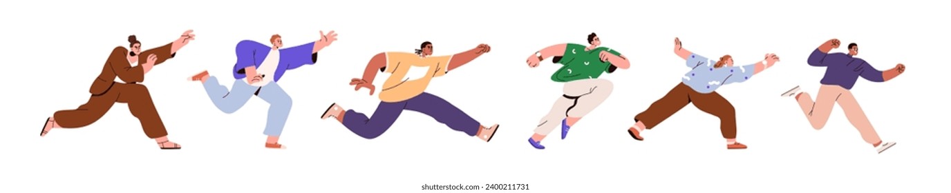 People rushing, running at fast speed. Angry busy characters late, hurry on urgent business, goal. Determined men, women moving forward set. Flat vector illustrations isolated on white background