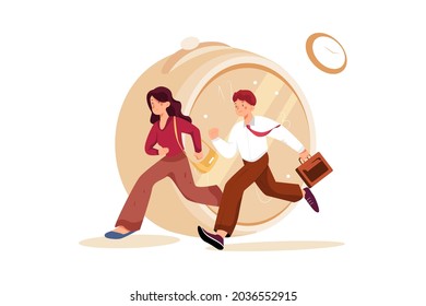 People rushing to work, running person. Businessman and businesswoman running against the background of old clock Illustration concept