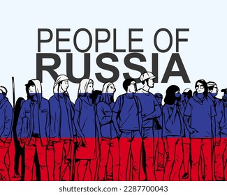 People of Russia with flag, silhouette of many people, banner of diversity or protest in Russia, group of person, society and audience concept, gathering idea