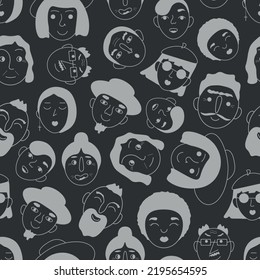 People s faces. Seamless pattern with the image of people s faces. Avatars of smiling people. A pattern with faces. Vector illustration on a gray background