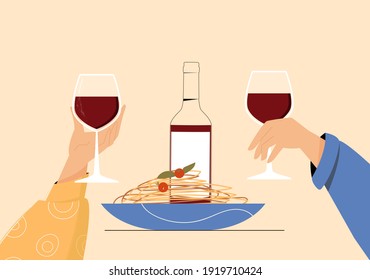 People s hands with wine glasses, pasta plate, wine bottle. Vector illustration in flat style