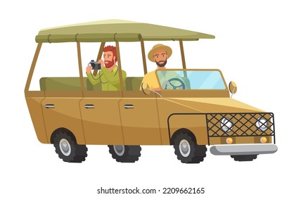 People in safari tour car, travelers drive car vehicle isolated vector illustration