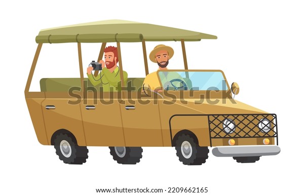 People in safari tour car, travelers drive\
car vehicle isolated vector\
illustration