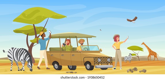 People in safari tour, savanna wild landscape vector illustration. Cartoon group of tourist characters make travel photo of wildlife on smartphone or camera, travelers drive car vehicle background