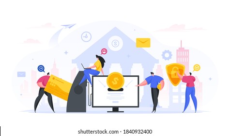 People safely deposit and withdraw money from online bank account vector concept. Male characters set up web protection and remove finances from card. Girl with laptop logs into bank flat profile