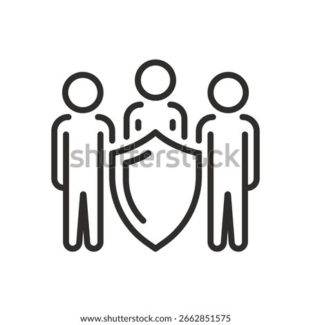 People safety icon. Shield with people. Linear vector illustration. Care community. Save group person. Simple symbols. Protection team.