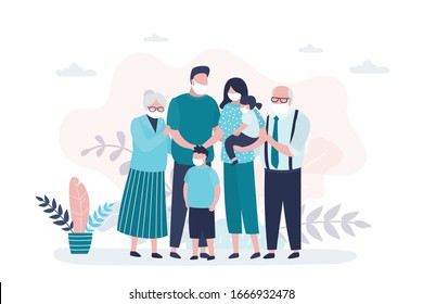 People in safety masks stop the spread of viruses. Family portrait. Happy parents with children. Grandparents, Mother,father and two kids. Cute huge family. Bad ecology and air. Vector illustration
