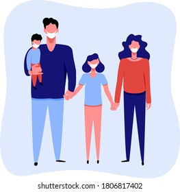 People in safety masks stop the spread of viruses. Prevention in the time of pandemic Covid 19. Family portrait. Happy parents with children. Mother,father and two kids. Cute family. 