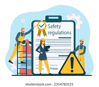 People with safety regulations concept. Men and woman in protective helmets in front of document. Safety and accident prevention. Company or organization rules. Cartoon flat vector illustration