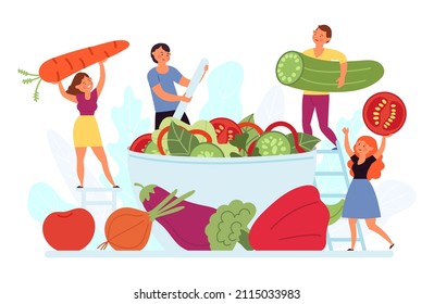 People salad cooking. Cook veggie recipes, natural food eating lifestyle. Healthy meal, rustic vegetable dish. Tiny people on vegan kitchen, decent vector concept