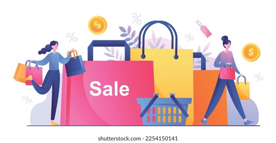 People with sale. Advertising poster or banner for website and modern marketing methods. Women with big packages and cart, online shopping and special offer. Cartoon flat vector illustration