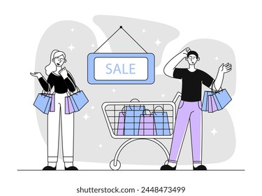 Personas con venta lineal. Mujeres con bolsos de compras coloridos. Descuentos y promociones. Marketing y comercio. Adictos a las compras en boutique. Doodle Ilustración vectorial plana aislada sobre fondo blanco