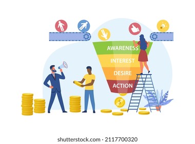 Personas con embudo de ventas. Métodos modernos de análisis. Secuencia de acciones para atraer clientes. Técnicas de marketing, banner publicitario. Empresario y empleados. Ilustración vectorial volumétrica