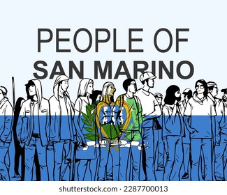 People of San Marino with flag, silhouette of many people, banner of diversity or protest in San Marino, group of person, society and audience concept, gathering idea