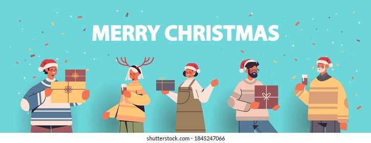 people in santa claus hats having fun with presents gift boxes happy new year and merry christmas holidays celebration concept horizontal portrait vector illustration