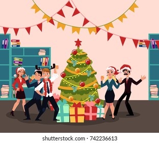 People in Santa Claus hats having corporate Xmas party, celebrating Christmas in office, cartoon vector illustration. People in Santa Claus hats having fun at Christmas party, dancing around Xmas tree