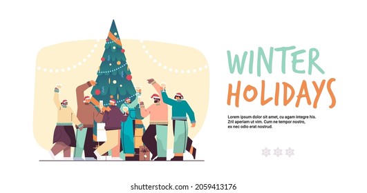 people in santa hats drinking champagne businesspeople celebrating corporate party new year holidays celebration