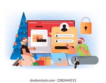 people in santa hats secure and protecting personal data password strength analysis new year holidays celebration concept