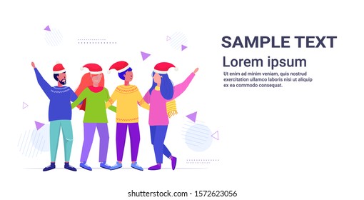 people in santa hats standing together having fun mix race men women embracing merry christmas happy new year winter holidays celebration concept horizontal full length copy space vector illustration